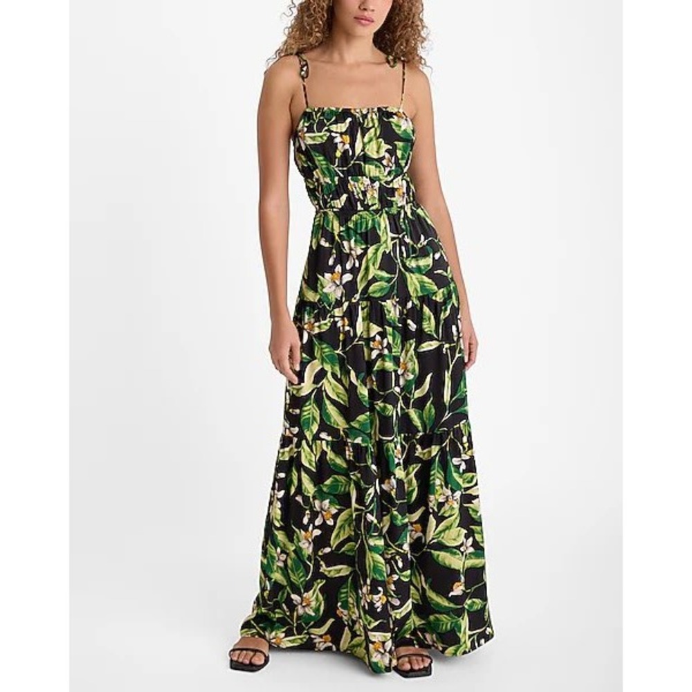 NWT Express Floral Square Neck Sleeveless Tie Shoulder Tiered‎ Maxi Dress XL